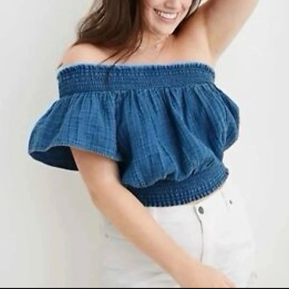 Aerie Blue Ruffled Sleeve One Shoulder Smocked Crop Top Size XXS - NWT